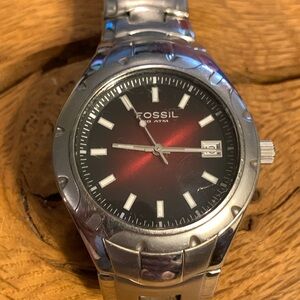 FOSSIL AM4056 RETRO DATE FUNCTION 100M STAINLESS MENS WATCH NEW BATTERY!